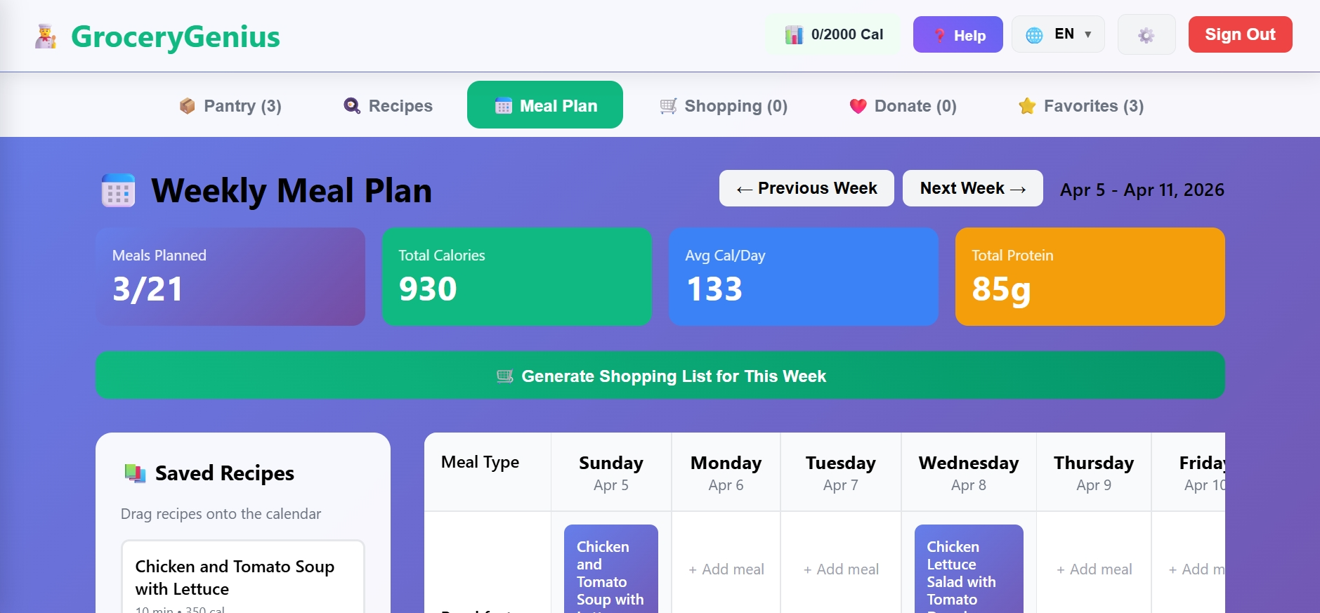 Weekly Meal Planning screen