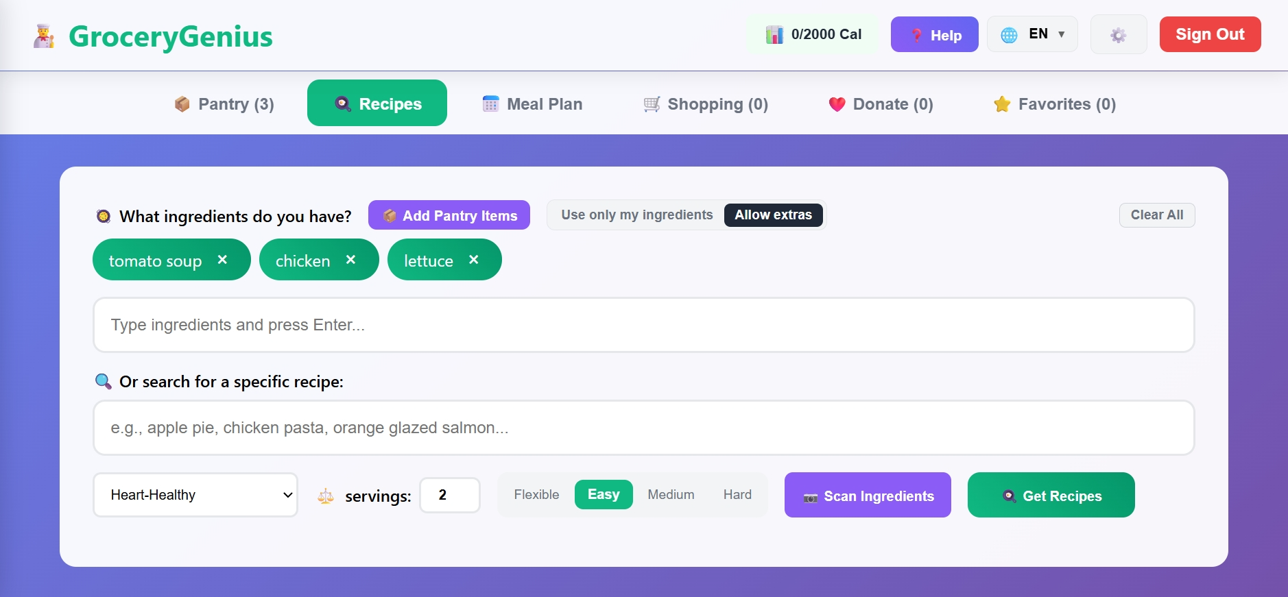 GroceryGenius recipe generation screen